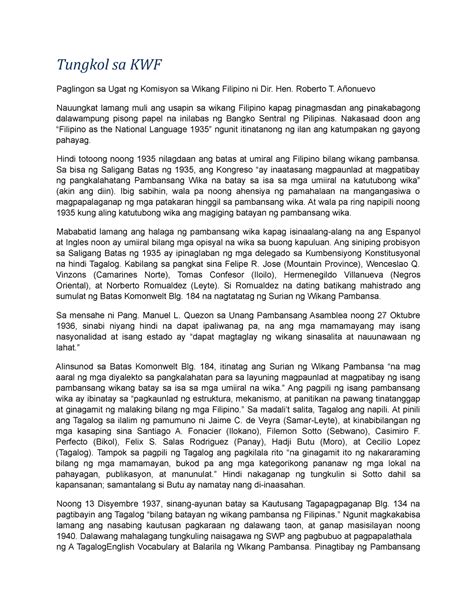 paglingon sa ugat ng komisyon sa wikang filipino|KWF .